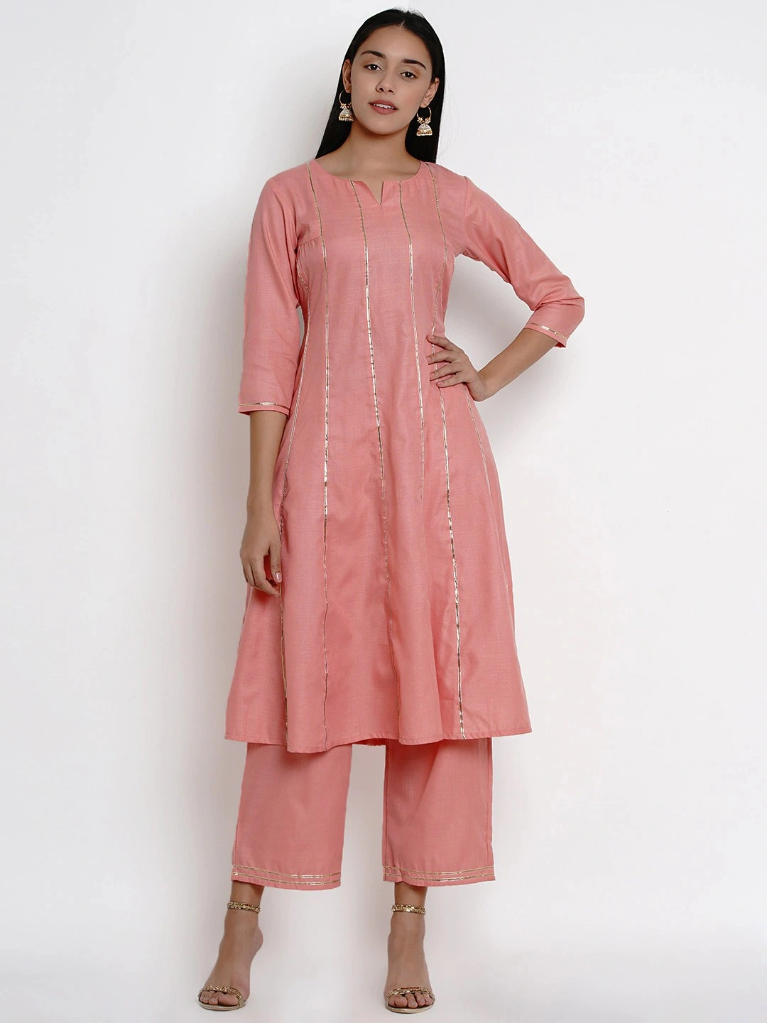 Bhama Couture Women Pink Striped Kurta with Palazzos-BHKS249_L