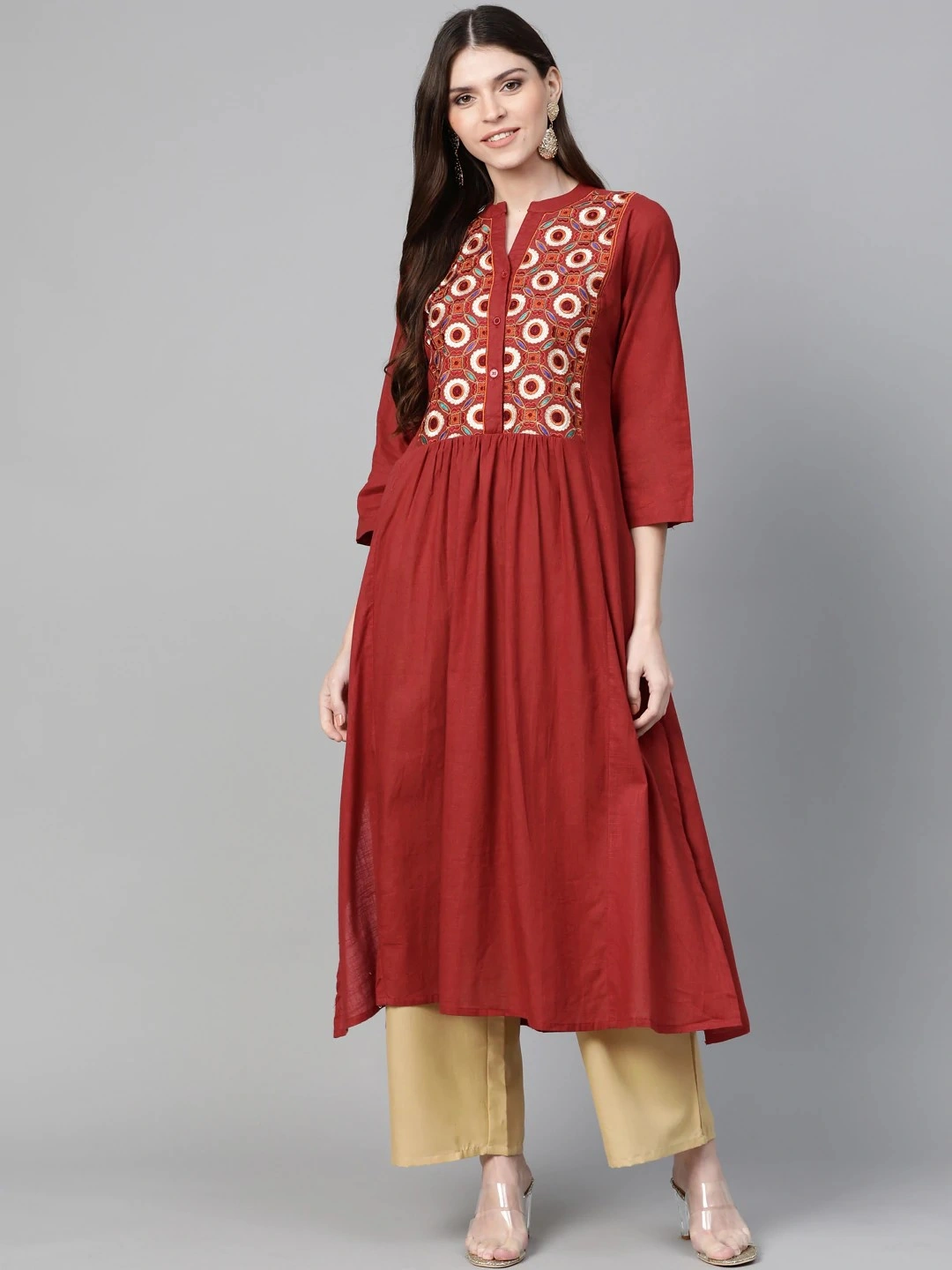 Bhama Couture Women Maroon &amp; Beige Embroidered Kurta with Palazzos-BHKS252_L