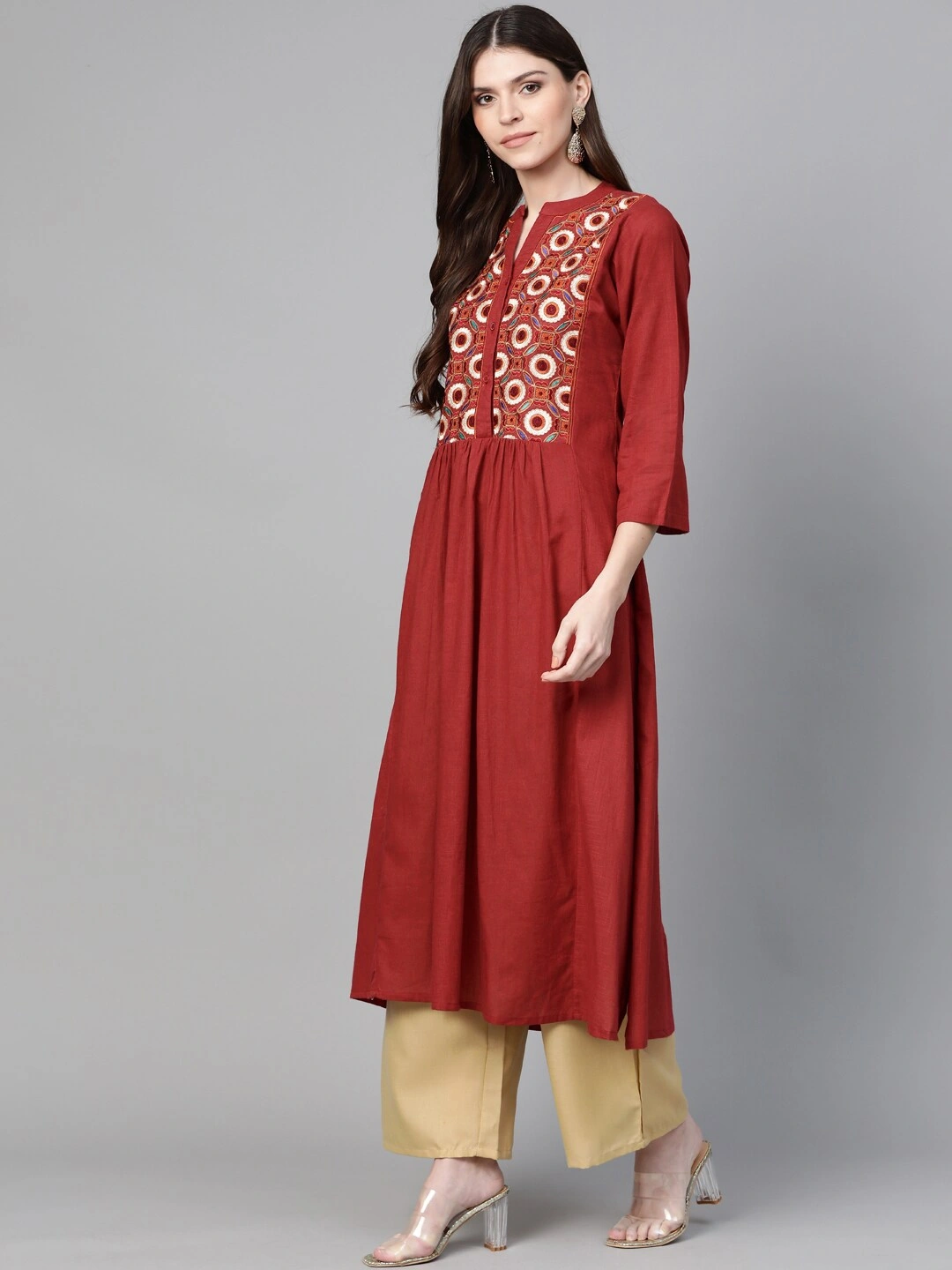 Bhama Couture Women Maroon &amp; Beige Embroidered Kurta with Palazzos-L-1