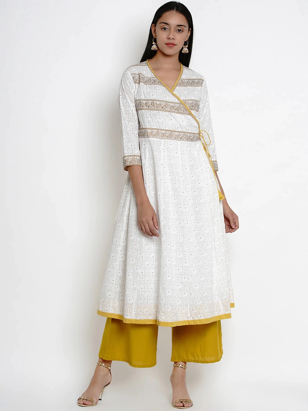 Bhama Couture Women White &amp; Mustard Yellow Printed Kurta with Palazzos-BHKS253_L