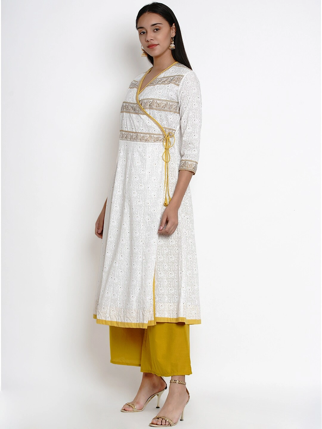 Bhama Couture Women White &amp; Mustard Yellow Printed Kurta with Palazzos-L-1