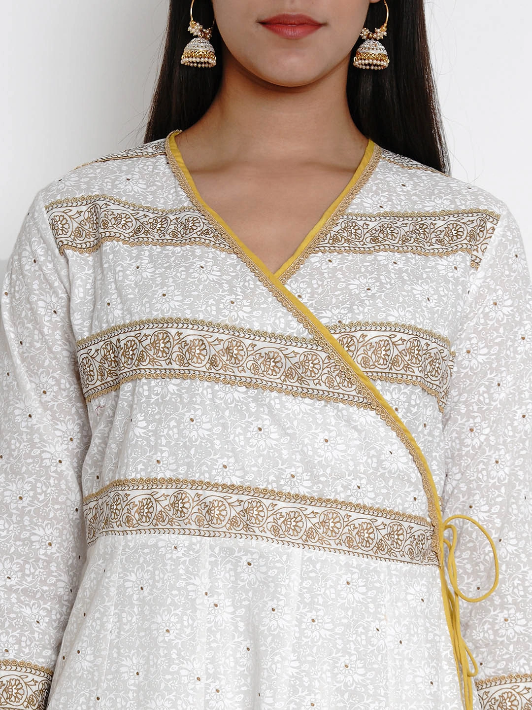 Bhama Couture Women White &amp; Mustard Yellow Printed Kurta with Palazzos-L-4