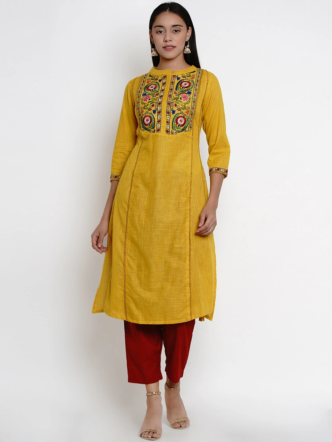 Bhama Couture Women Mustard Yellow &amp; Maroon Embroidered Kurta with Palazzos-BHKS255_L