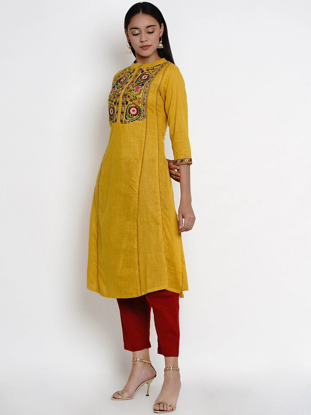 Bhama Couture Women Mustard Yellow &amp; Maroon Embroidered Kurta with Palazzos-L-1