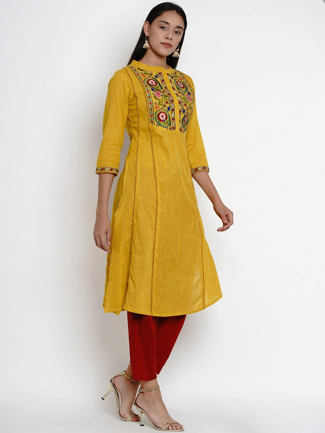 Bhama Couture Women Mustard Yellow &amp; Maroon Embroidered Kurta with Palazzos-L-2