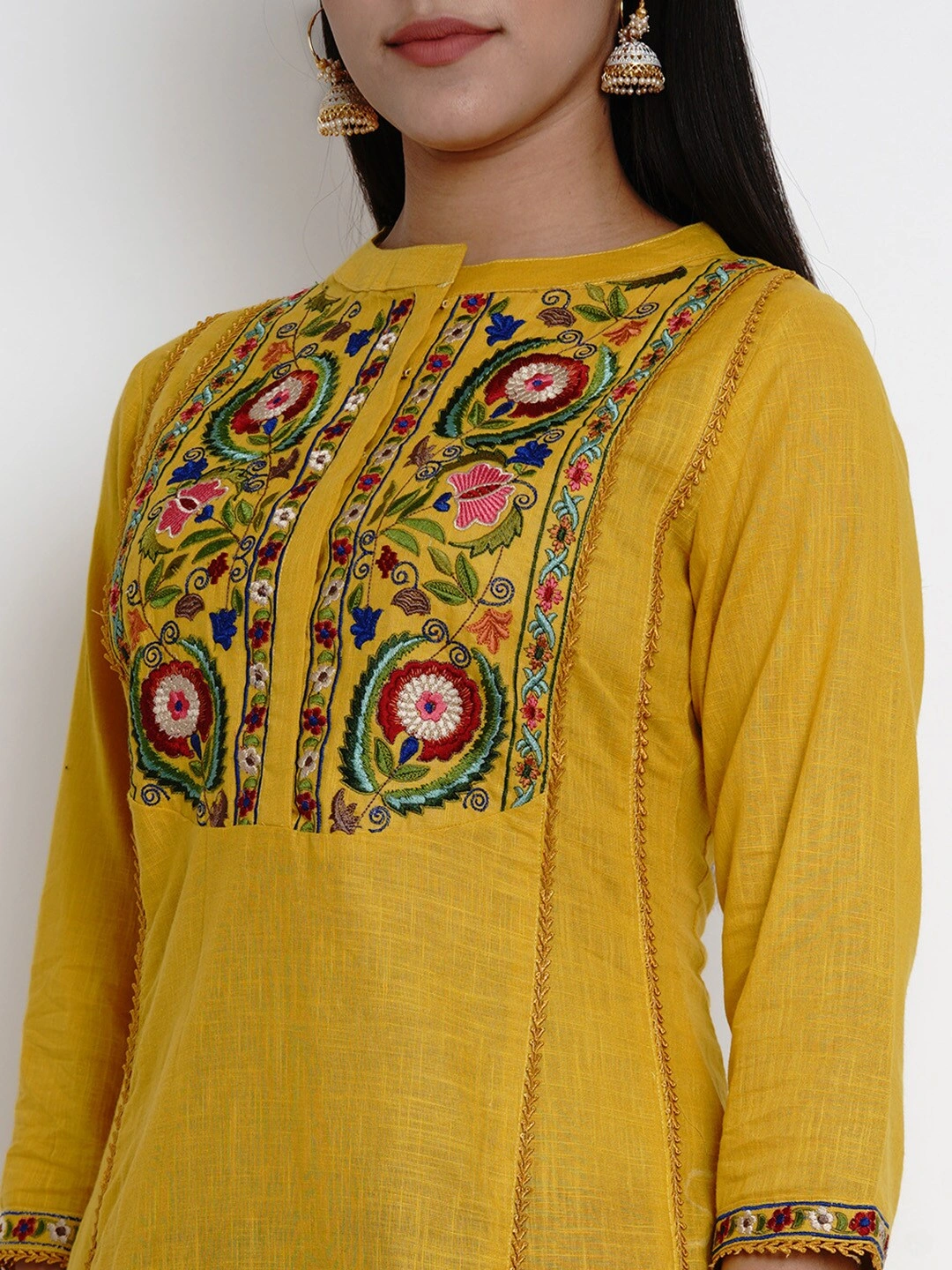 Bhama Couture Women Mustard Yellow &amp; Maroon Embroidered Kurta with Palazzos-L-4