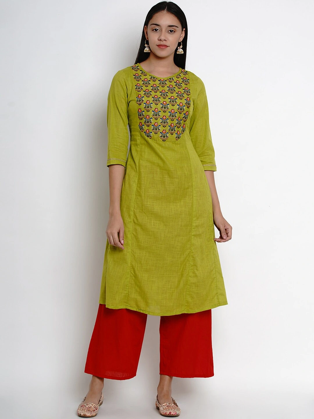 Bhama Couture Women Green &amp; Red Yoke Design Kurta with Palazzos-BHKS256_L