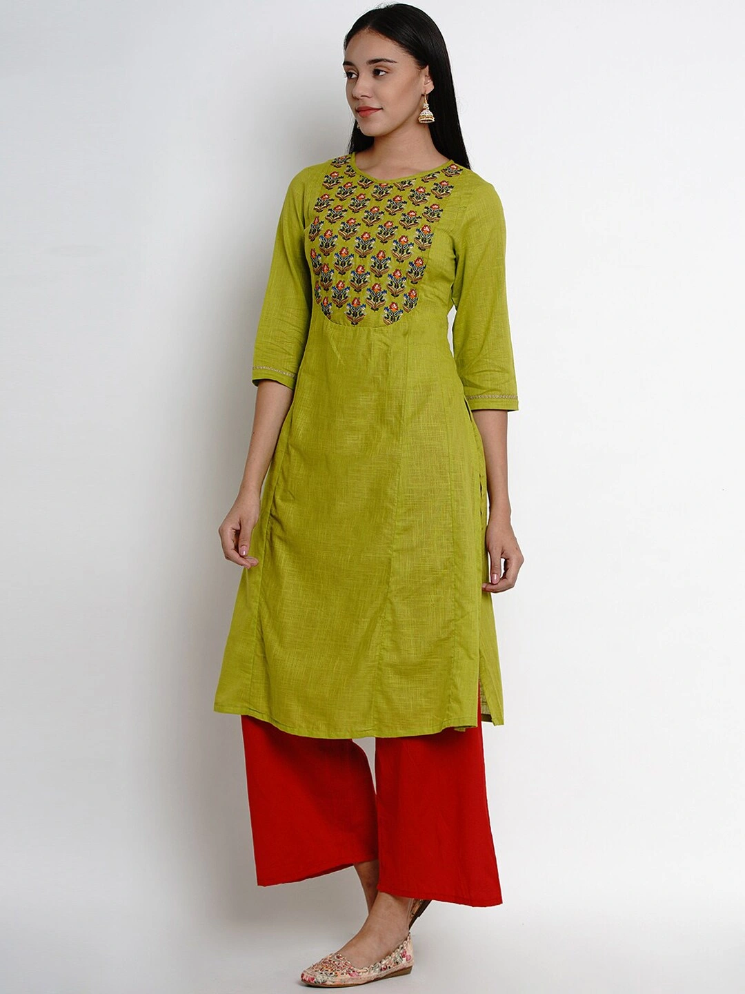 Bhama Couture Women Green &amp; Red Yoke Design Kurta with Palazzos-L-1