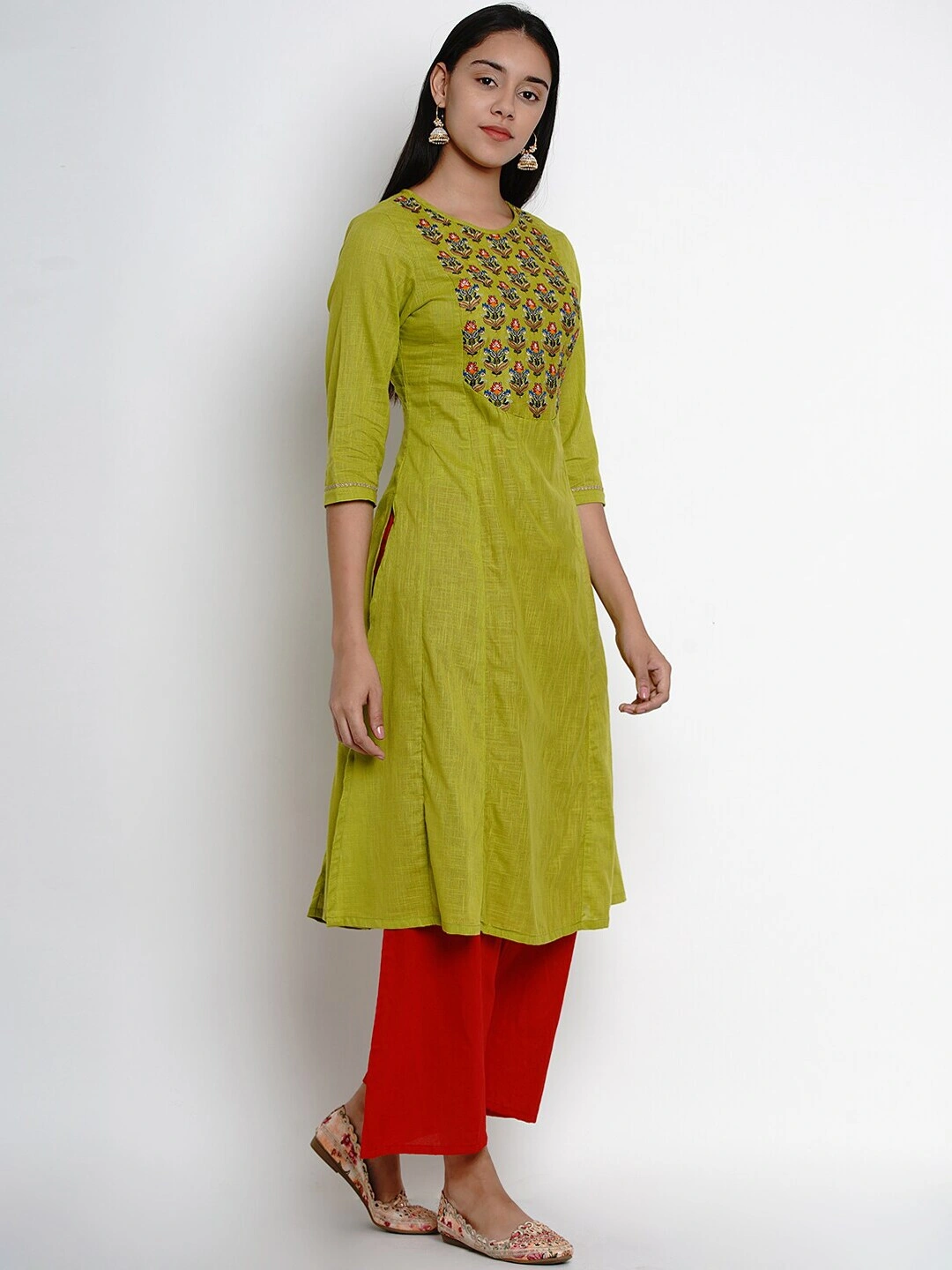 Bhama Couture Women Green &amp; Red Yoke Design Kurta with Palazzos-L-2