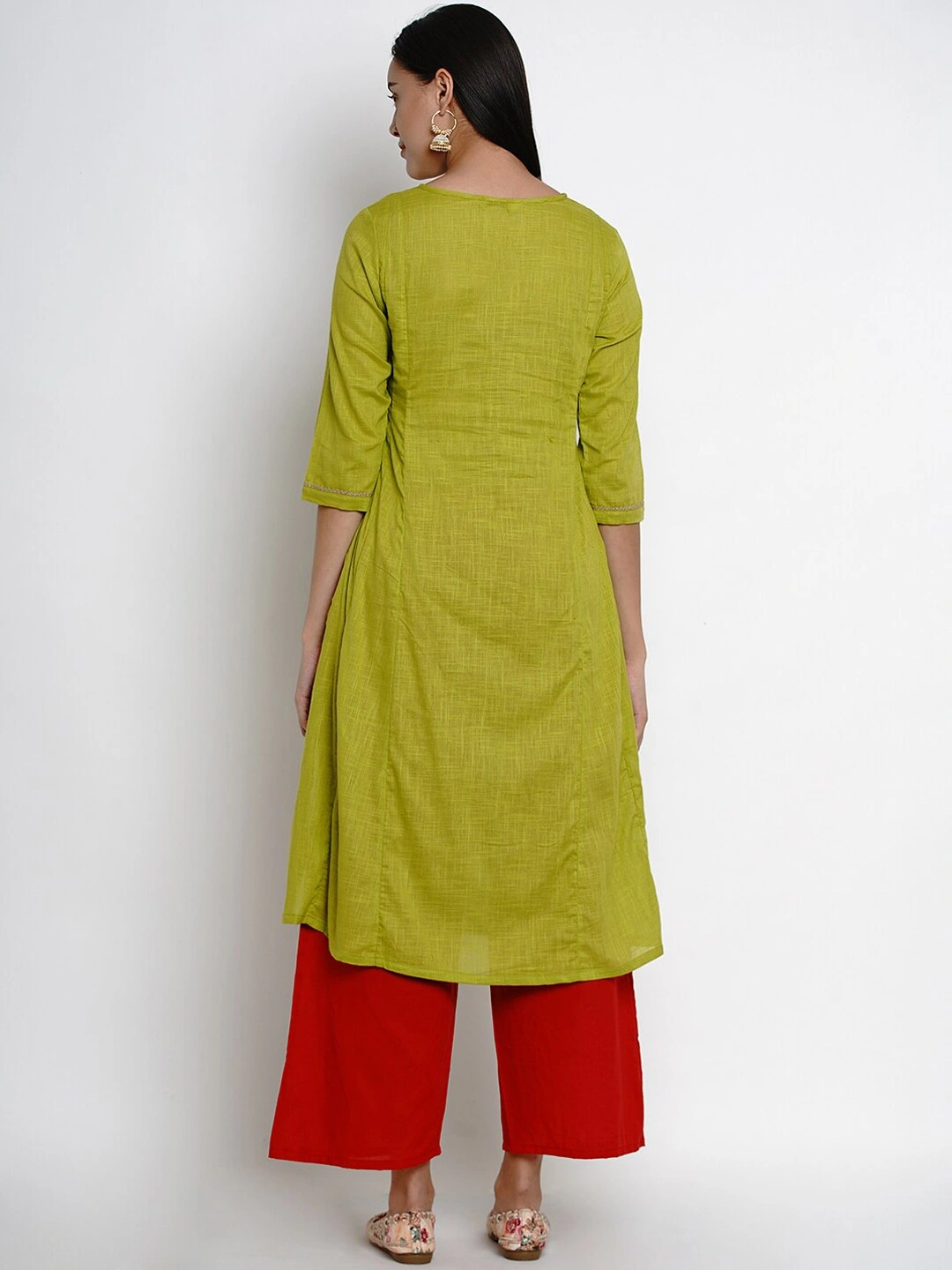 Bhama Couture Women Green &amp; Red Yoke Design Kurta with Palazzos-L-3