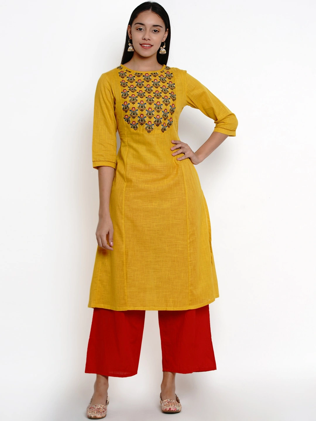 Bhama Couture Women Mustard &amp; Red Yoke Design Kurti with Palazzos-BHKS257_L