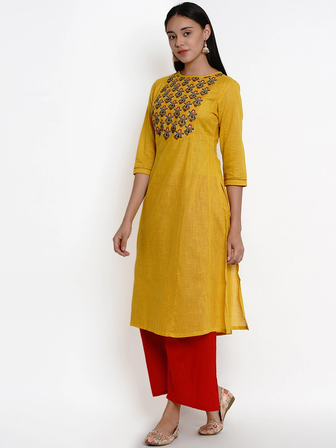 Bhama Couture Women Mustard &amp; Red Yoke Design Kurti with Palazzos-L-1