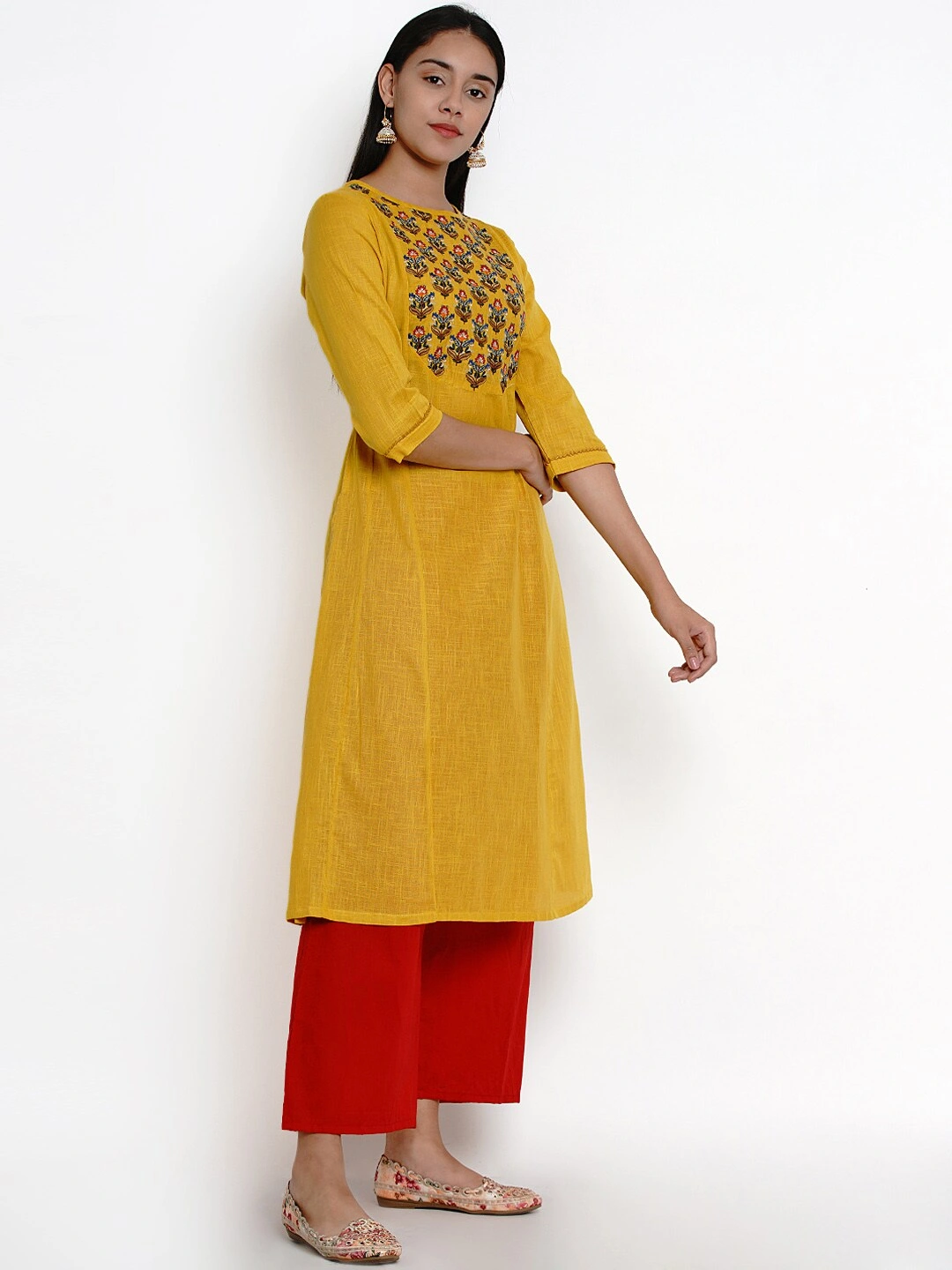 Bhama Couture Women Mustard &amp; Red Yoke Design Kurti with Palazzos-L-2