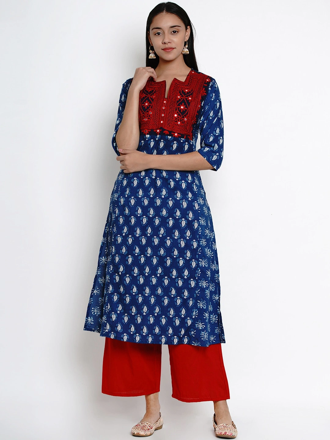 Bhama Couture Women Blue &amp; Red Yoke Design Kurta with Palazzos-BHKS258_L