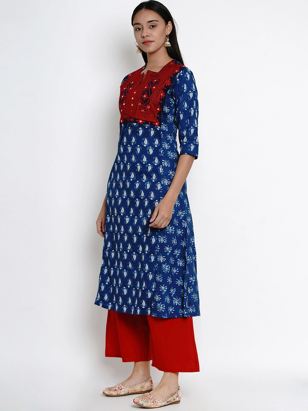 Bhama Couture Women Blue &amp; Red Yoke Design Kurta with Palazzos-L-1