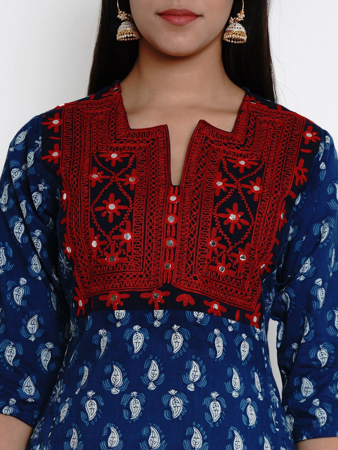 Bhama Couture Women Blue &amp; Red Yoke Design Kurta with Palazzos-L-4