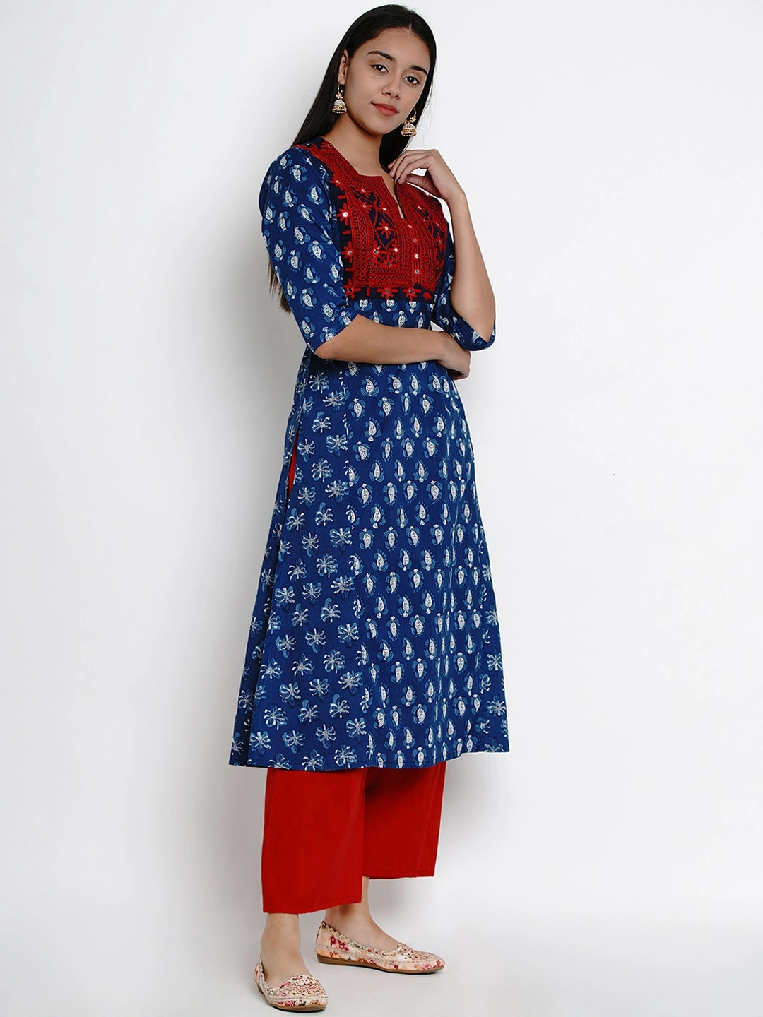 Bhama Couture Women Blue &amp; Red Yoke Design Kurta with Palazzos-XL-2