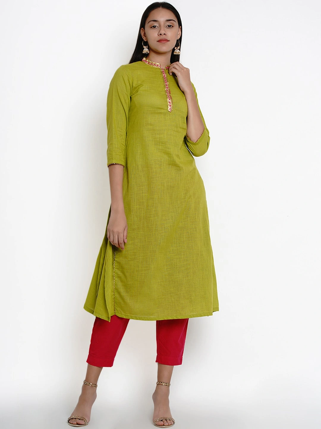 Bhama Couture Women Green &amp; Pink Solid Kurta with Pyjamas-BHKS259_L