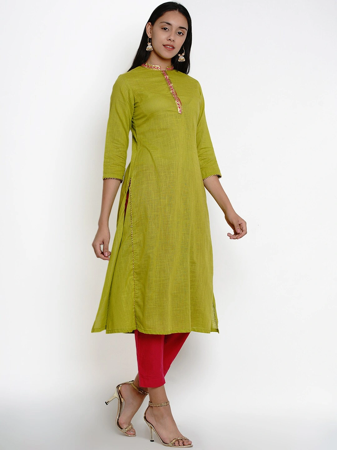 Bhama Couture Women Green &amp; Pink Solid Kurta with Pyjamas-L-2