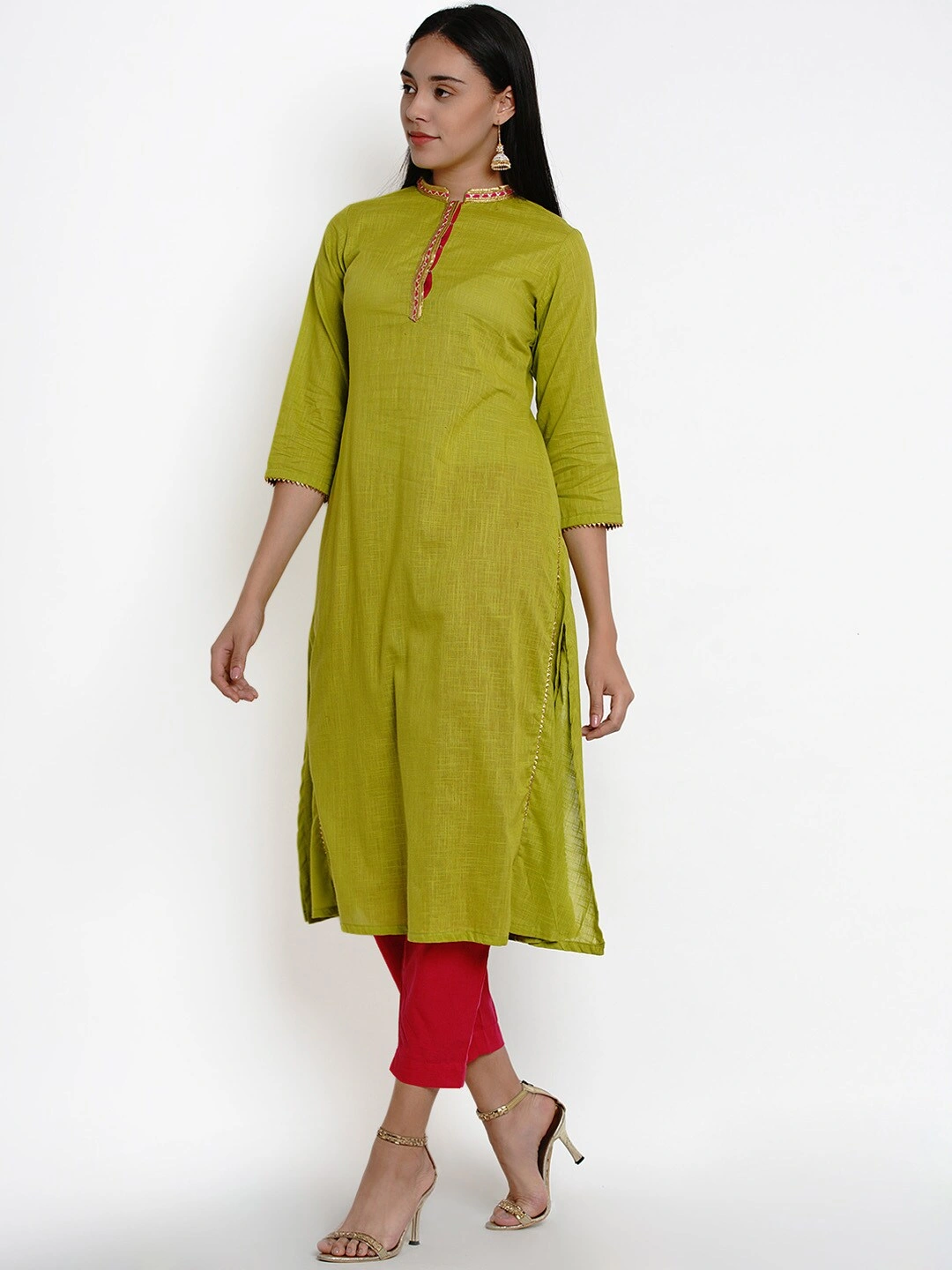 Bhama Couture Women Green &amp; Pink Solid Kurta with Pyjamas-M-1