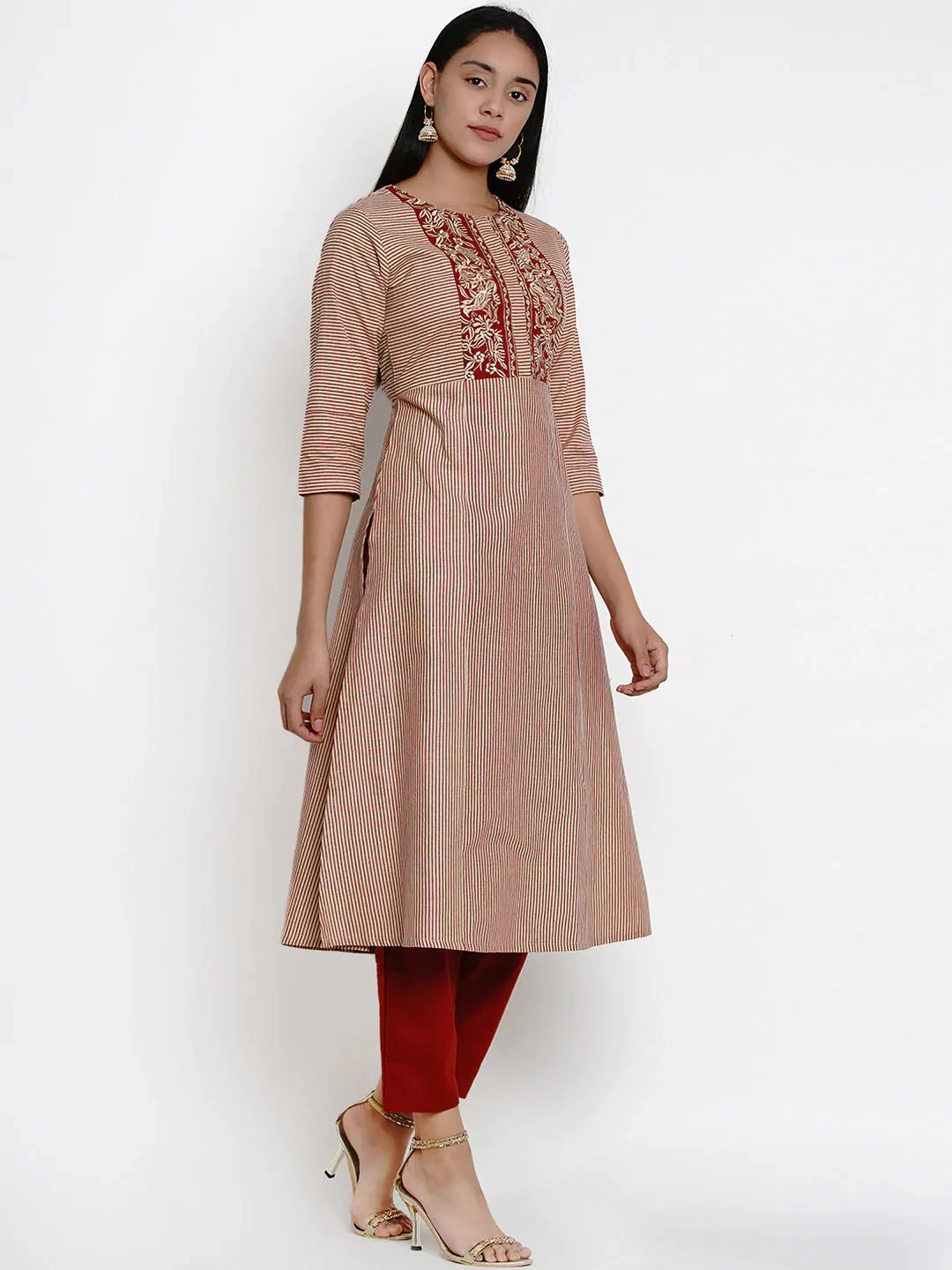 Bhama Couture Women Beige &amp; Maroon Striped Kurti with Palazzos-L-2