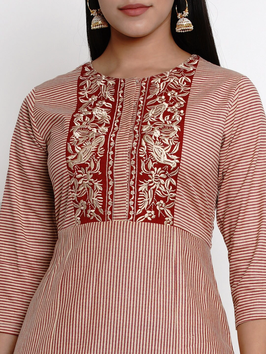 Bhama Couture Women Beige &amp; Maroon Striped Kurti with Palazzos-L-4