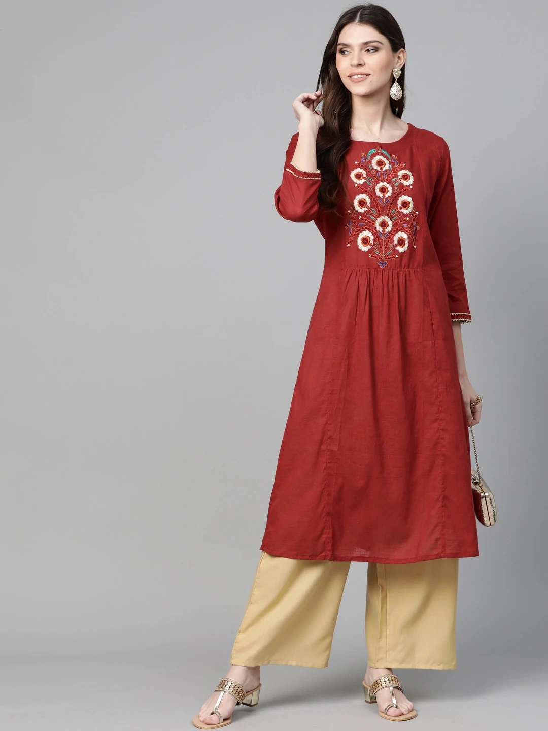 Bhama Couture Women Maroon &amp; Beige Yoke Design Kurta with Palazzos-L-1