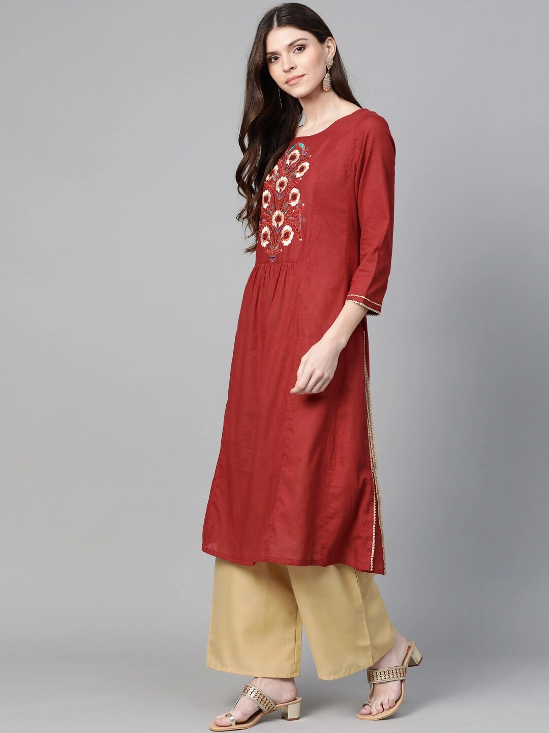 Bhama Couture Women Maroon &amp; Beige Yoke Design Kurta with Palazzos-L-2