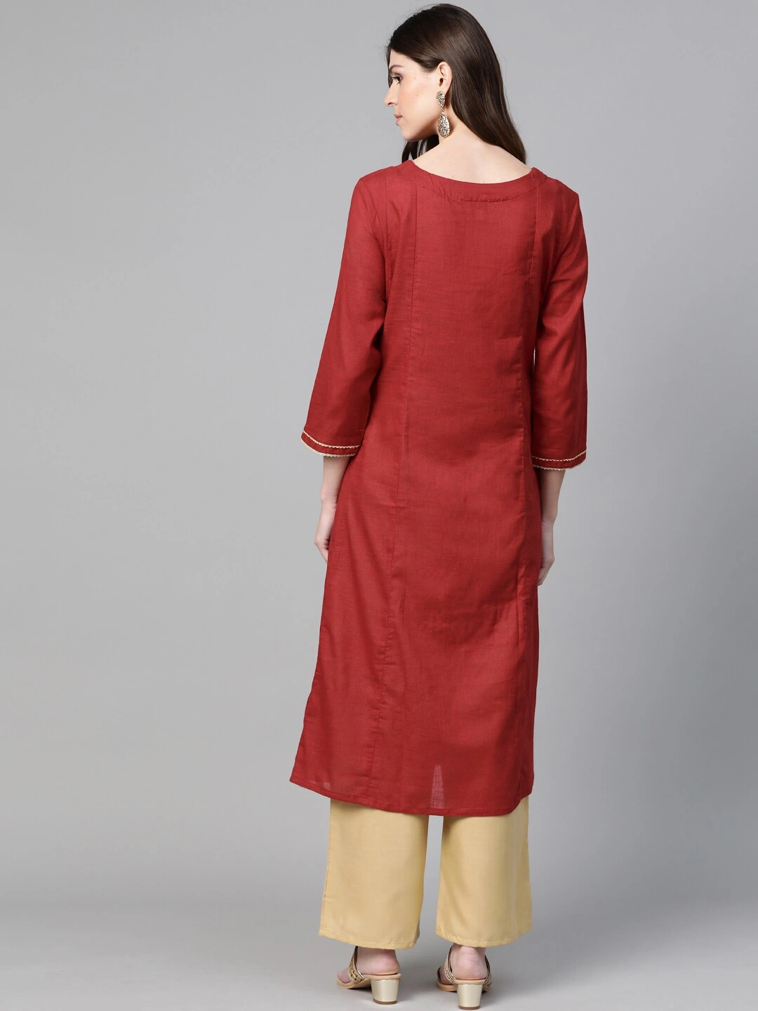 Bhama Couture Women Maroon &amp; Beige Yoke Design Kurta with Palazzos-L-3