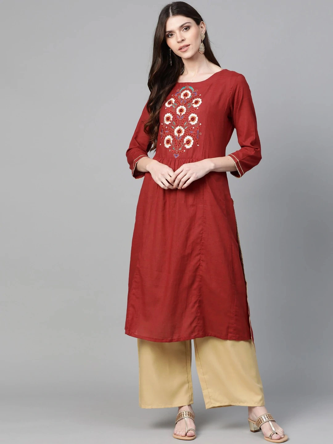 Bhama Couture Women Maroon &amp; Beige Yoke Design Kurta with Palazzos-BHKS262_S