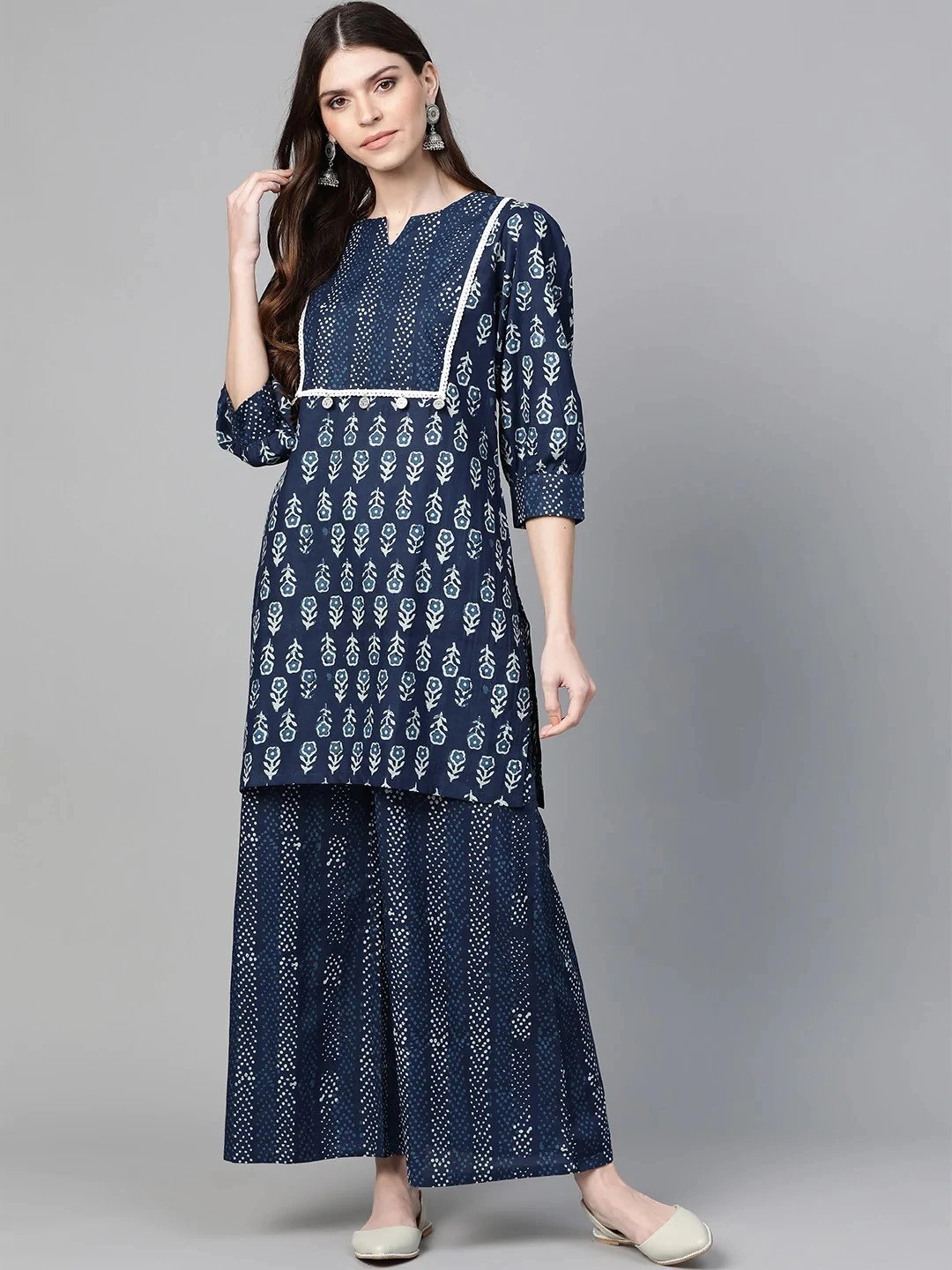 Bhama Couture Women Navy Blue &amp; Off-White Printed Kurta with Palazzos-BHKS264_L