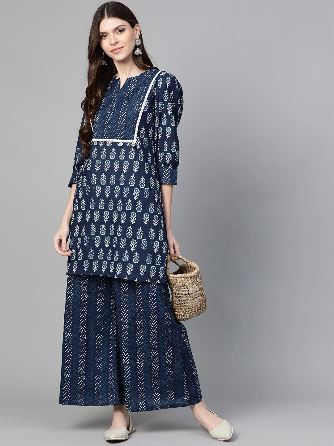 Bhama Couture Women Navy Blue &amp; Off-White Printed Kurta with Palazzos-L-1