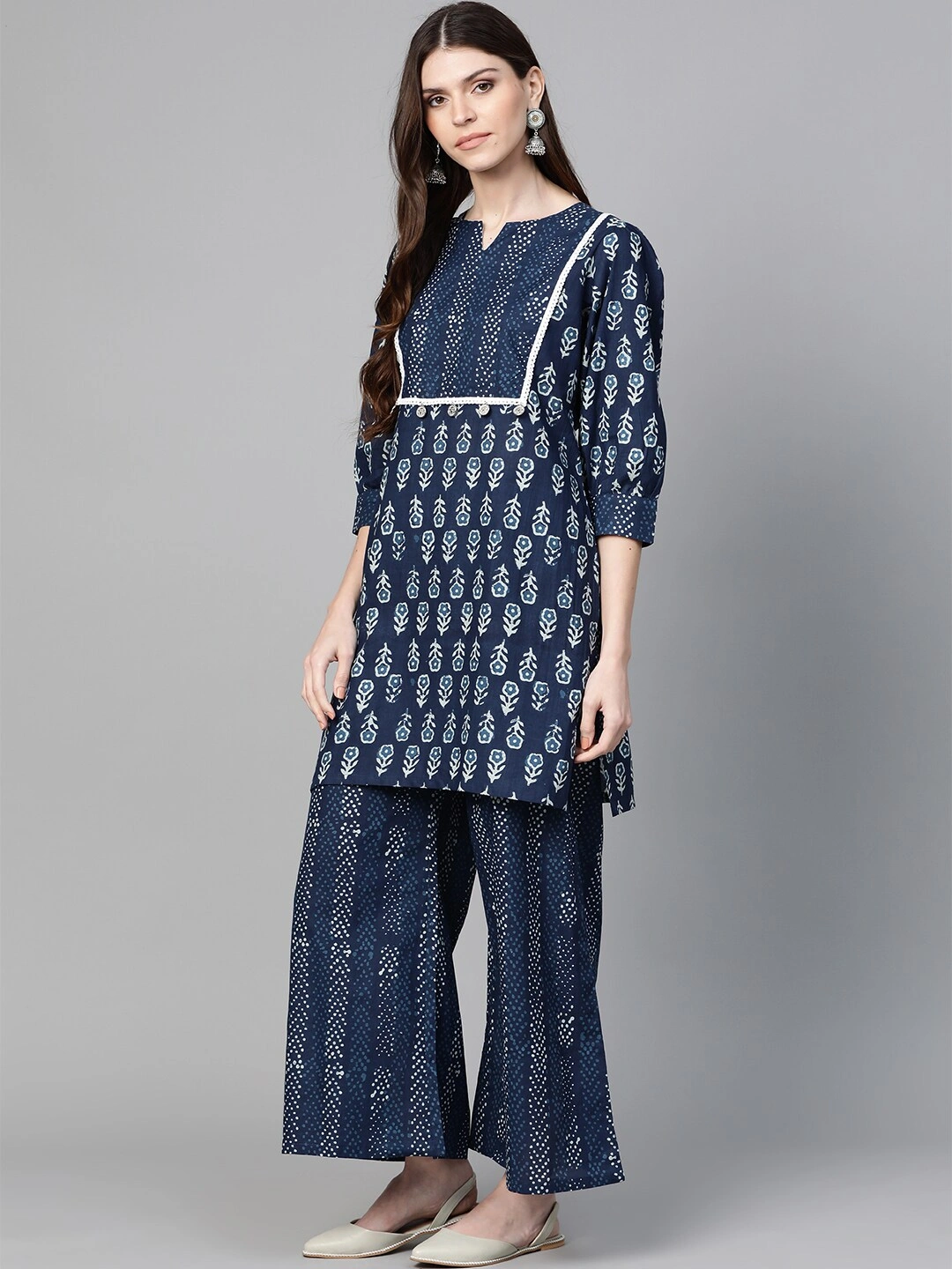 Bhama Couture Women Navy Blue &amp; Off-White Printed Kurta with Palazzos-L-2