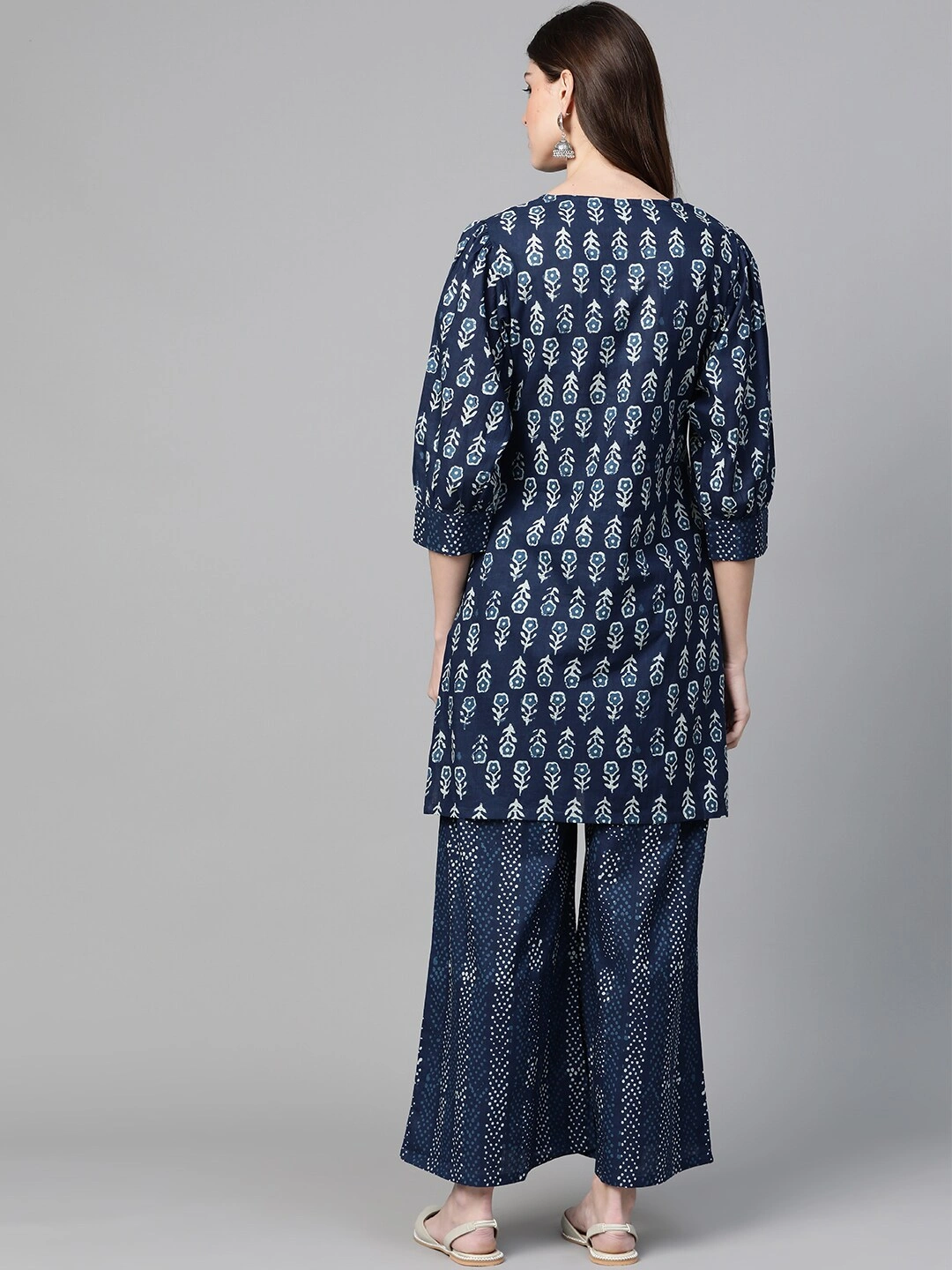 Bhama Couture Women Navy Blue &amp; Off-White Printed Kurta with Palazzos-L-3