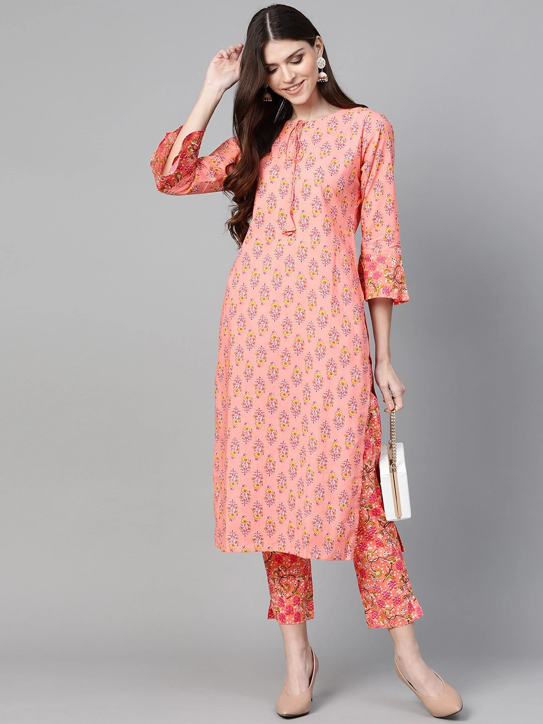 Bhama Couture Women Pink &amp; Green Floral Print Kurta with Trousers-L-1