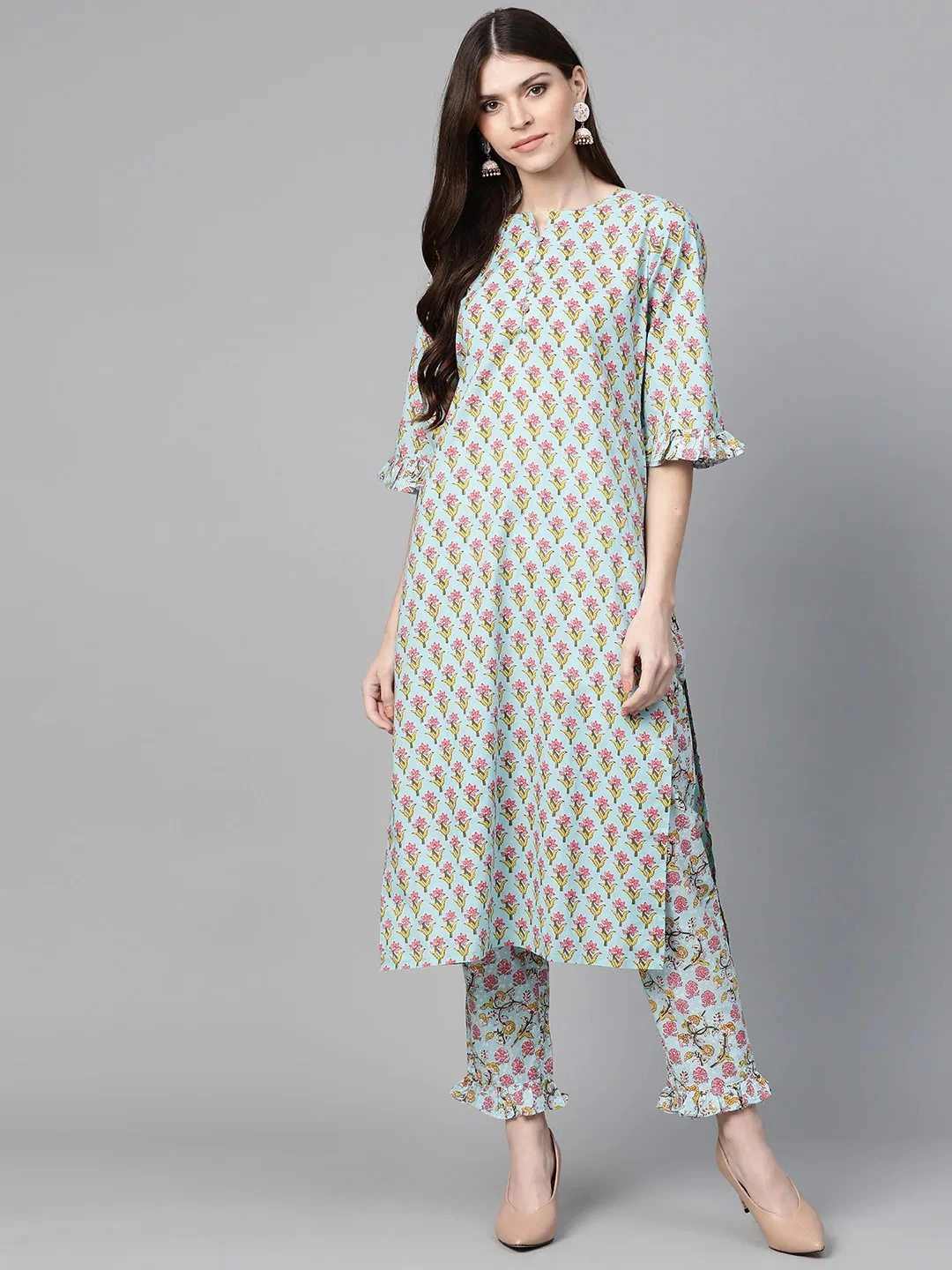 Bhama Couture Women Sea Green &amp; Pink Printed Kurta with Trousers-BHKS266_L