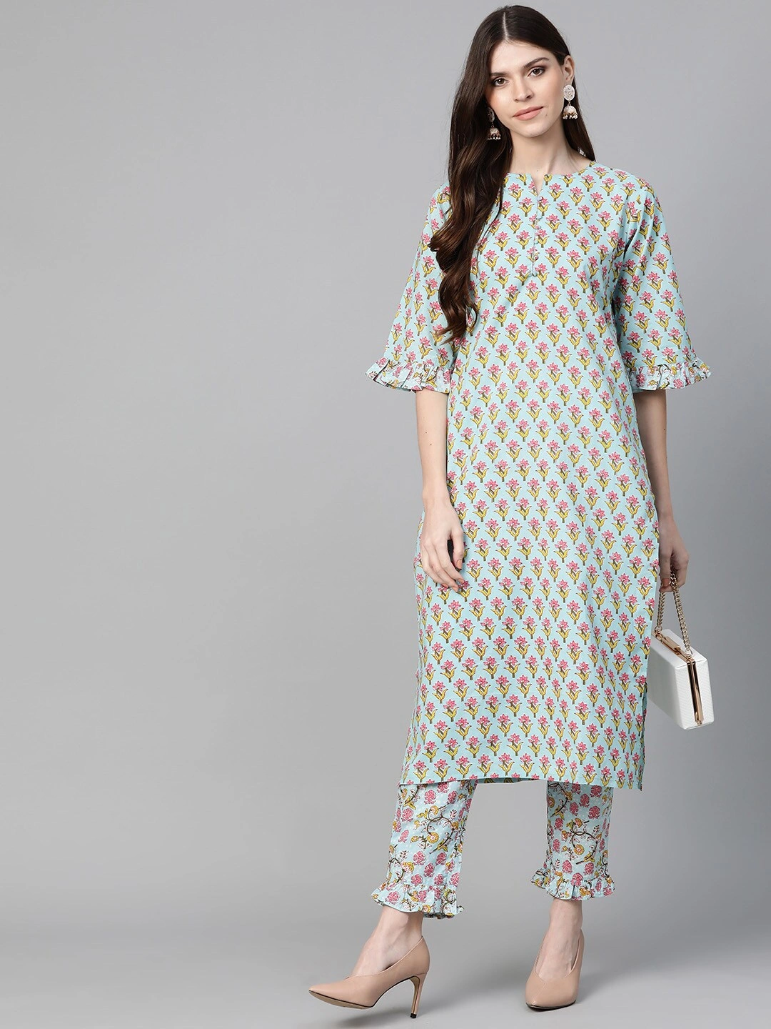 Bhama Couture Women Sea Green &amp; Pink Printed Kurta with Trousers-L-1