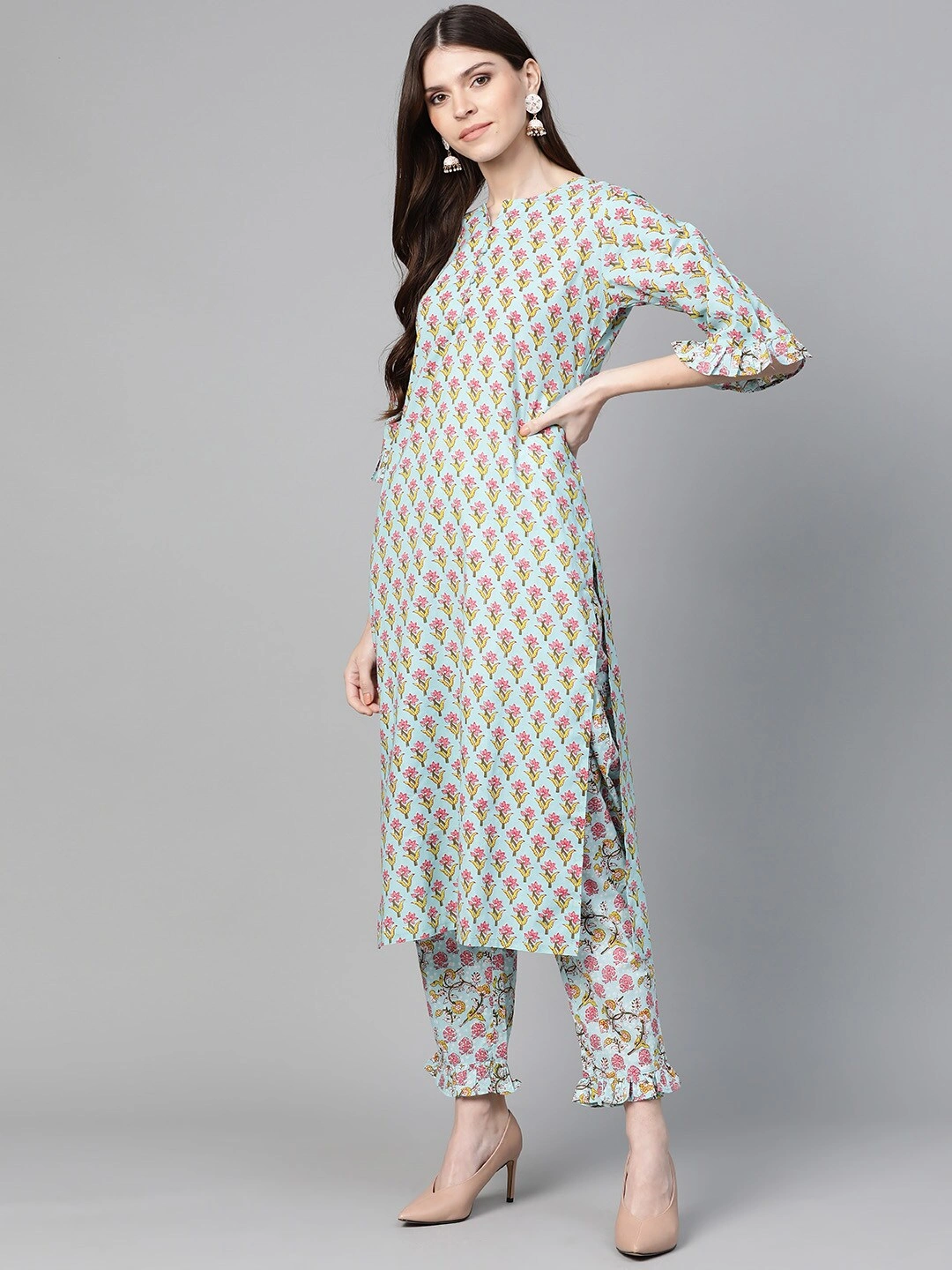 Bhama Couture Women Sea Green &amp; Pink Printed Kurta with Trousers-L-2