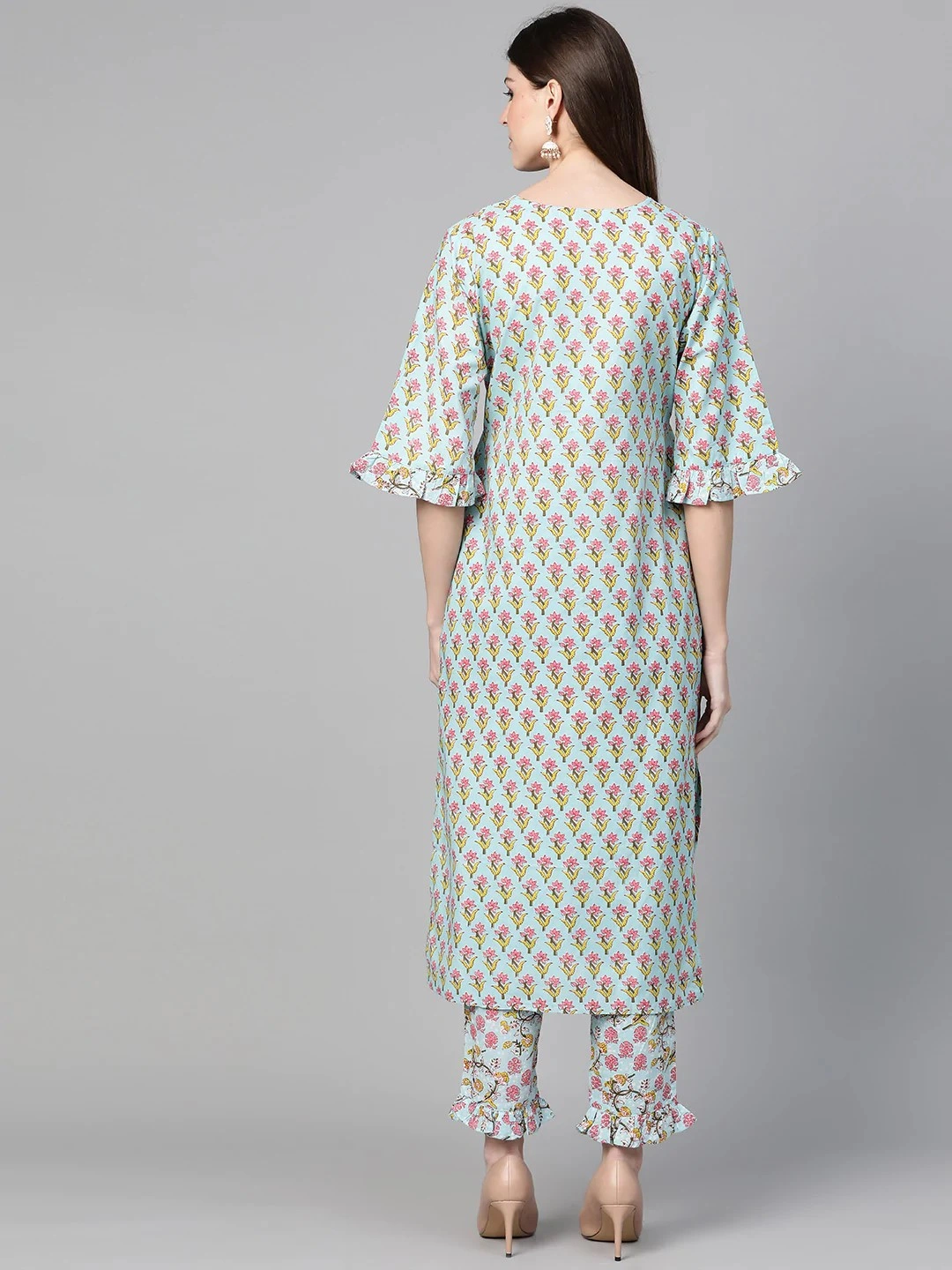 Bhama Couture Women Sea Green &amp; Pink Printed Kurta with Trousers-L-3