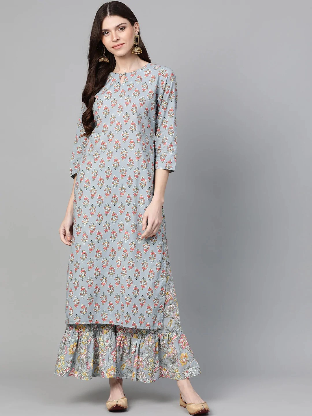 Bhama Couture Women Grey &amp; Pink Floral Print Kurta with Palazzos-BHKS267_L