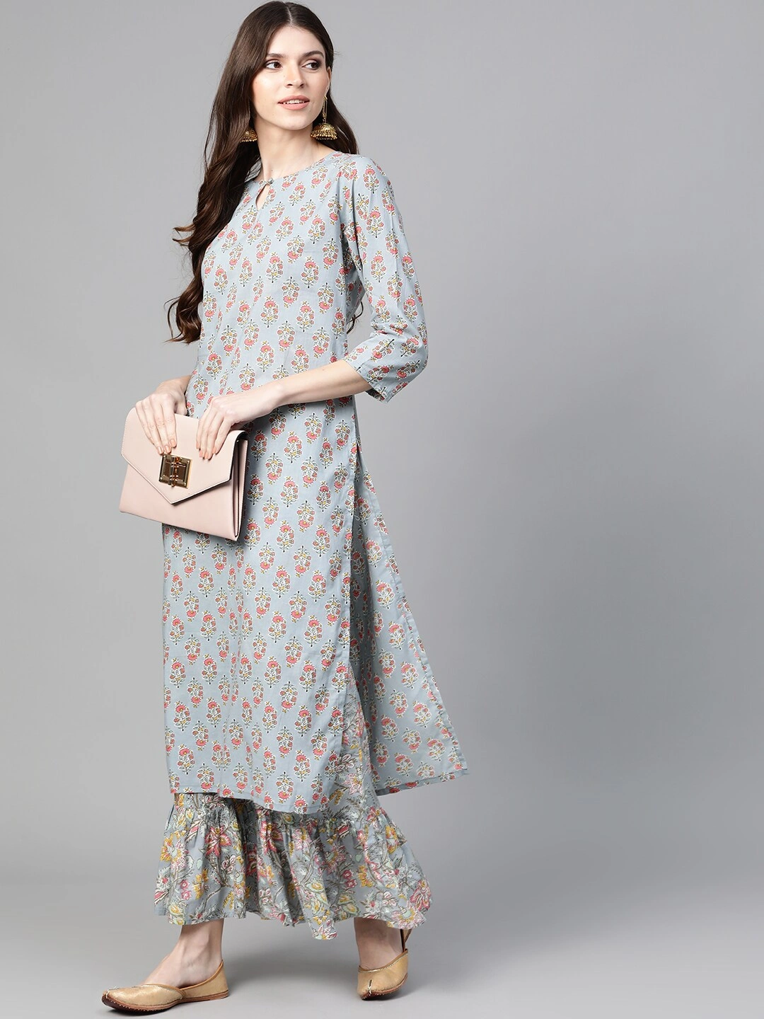 Bhama Couture Women Grey &amp; Pink Floral Print Kurta with Palazzos-M-1