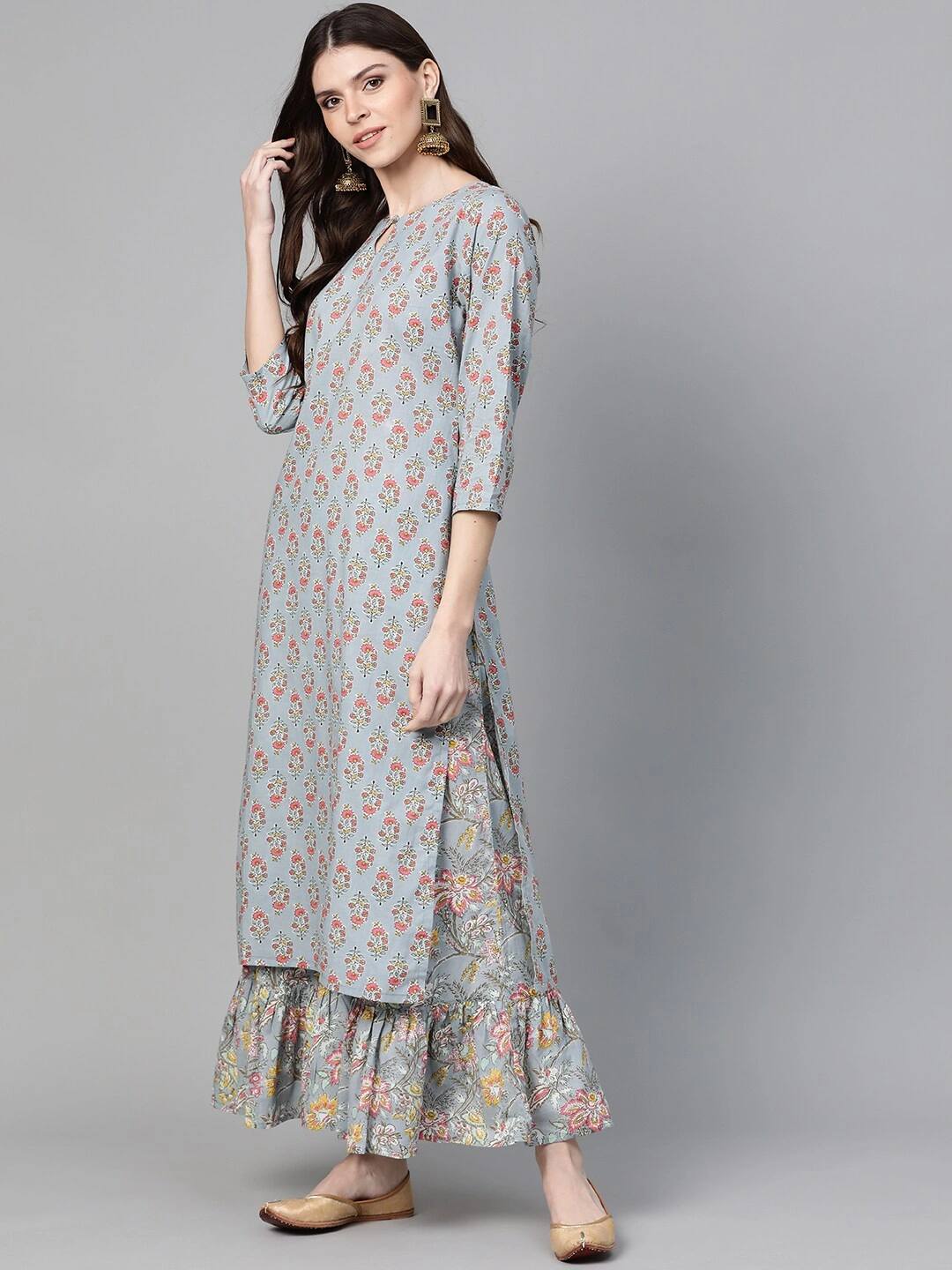 Bhama Couture Women Grey &amp; Pink Floral Print Kurta with Palazzos-M-2