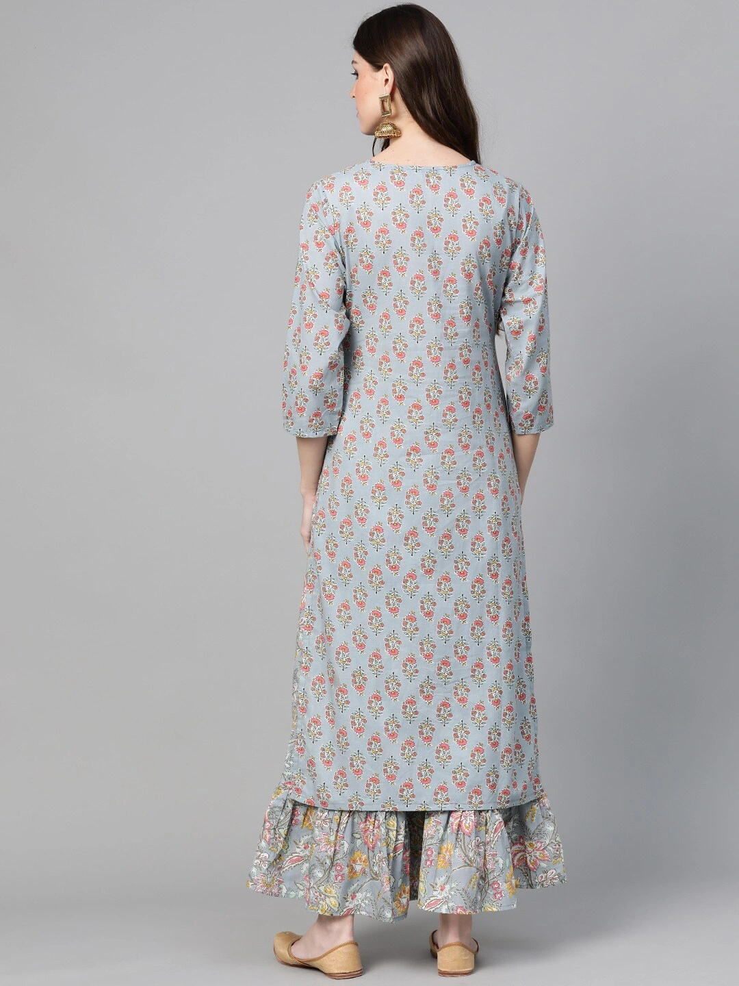 Bhama Couture Women Grey &amp; Pink Floral Print Kurta with Palazzos-M-3