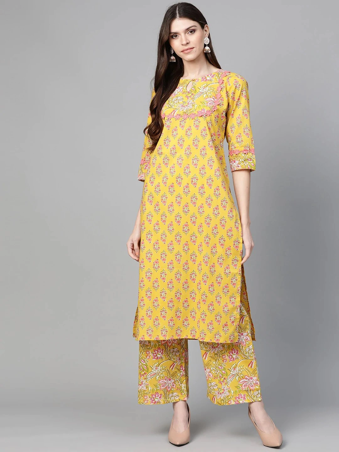 Bhama Couture Women Mustard Yellow &amp; Coral Pink Floral Print Kurta with Palazzos-BHKS268_L