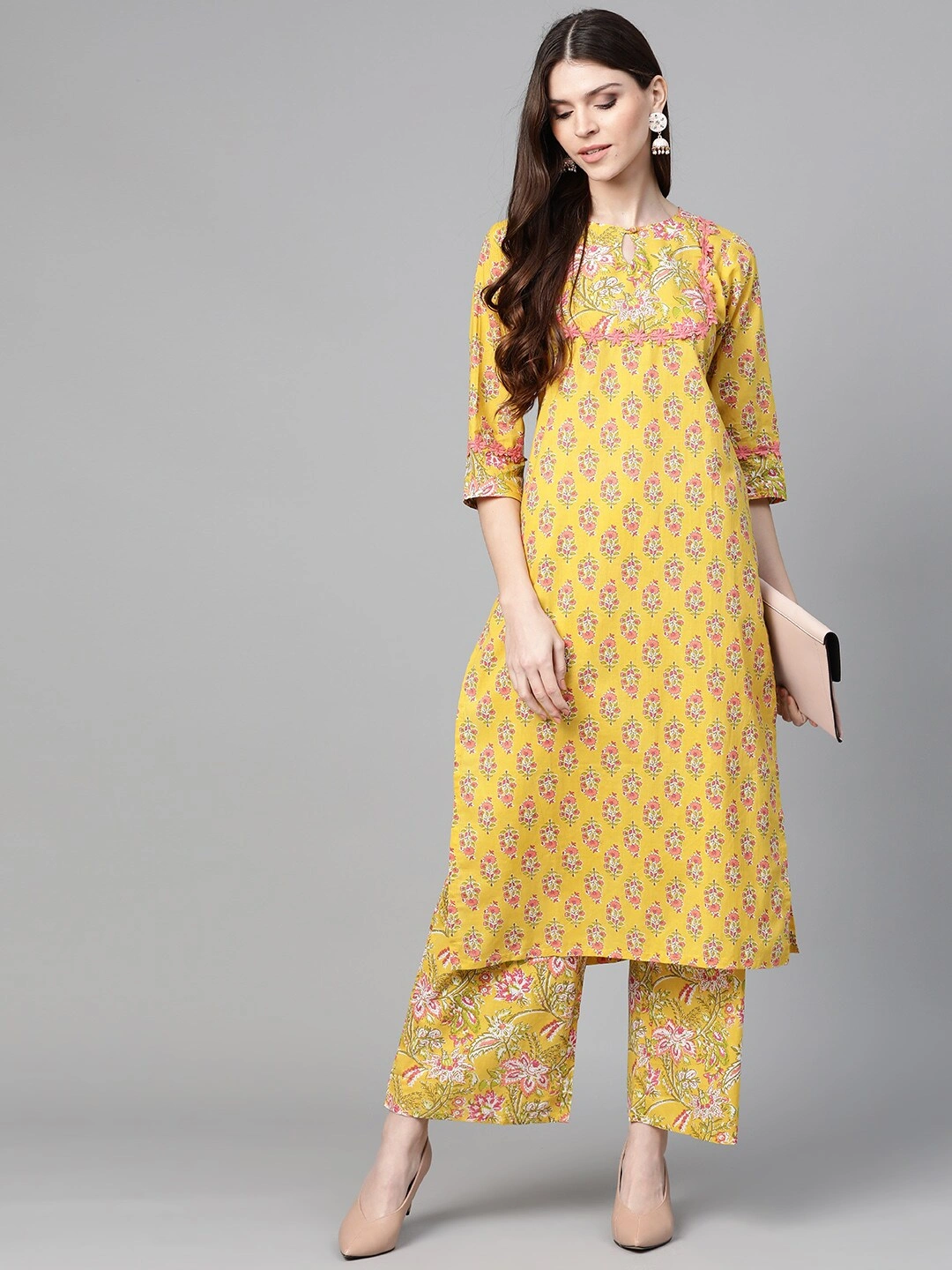 Bhama Couture Women Mustard Yellow &amp; Coral Pink Floral Print Kurta with Palazzos-L-1