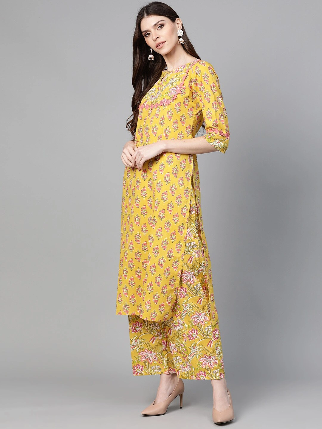 Bhama Couture Women Mustard Yellow &amp; Coral Pink Floral Print Kurta with Palazzos-L-2