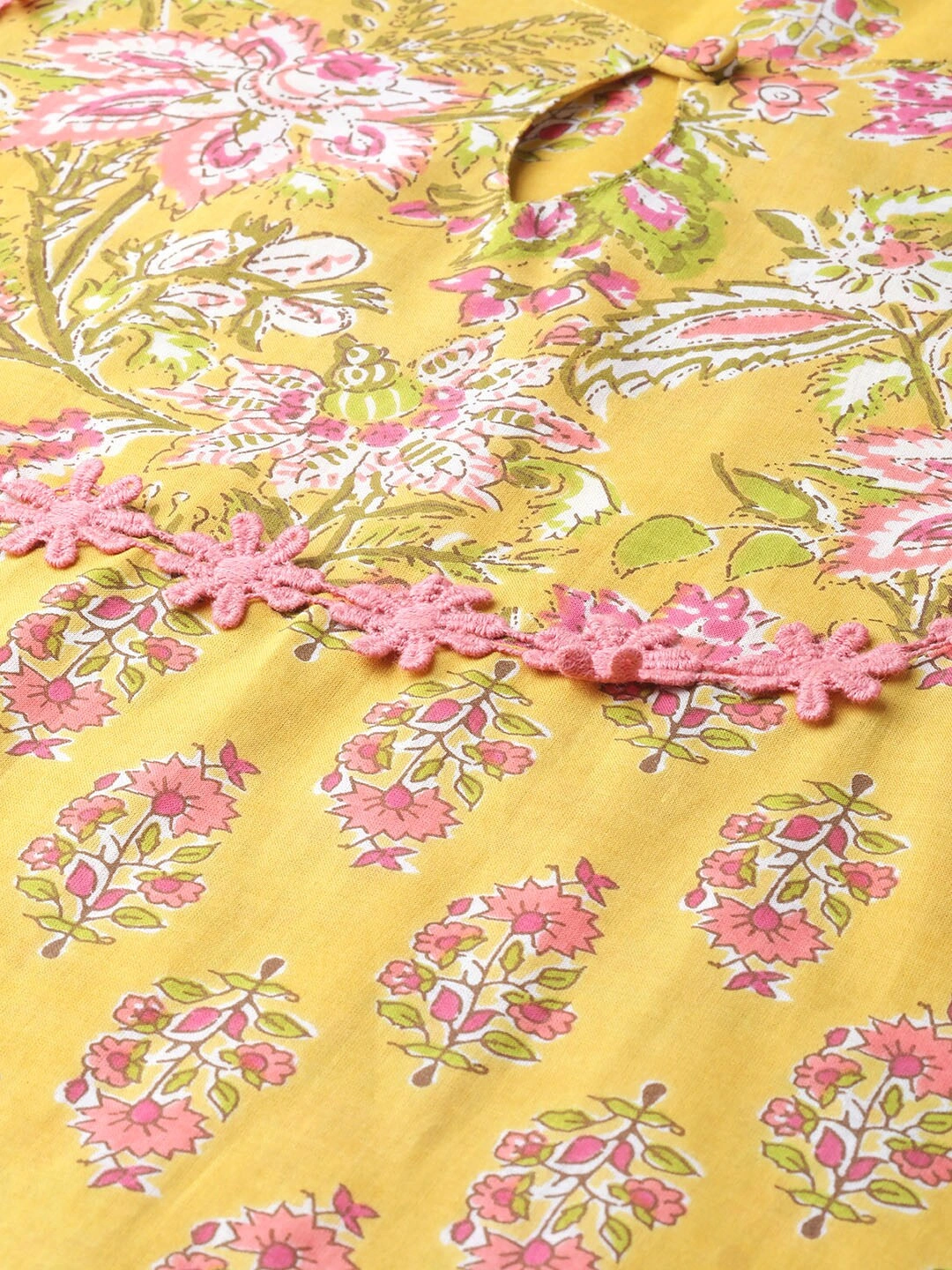 Bhama Couture Women Mustard Yellow &amp; Coral Pink Floral Print Kurta with Palazzos-L-4