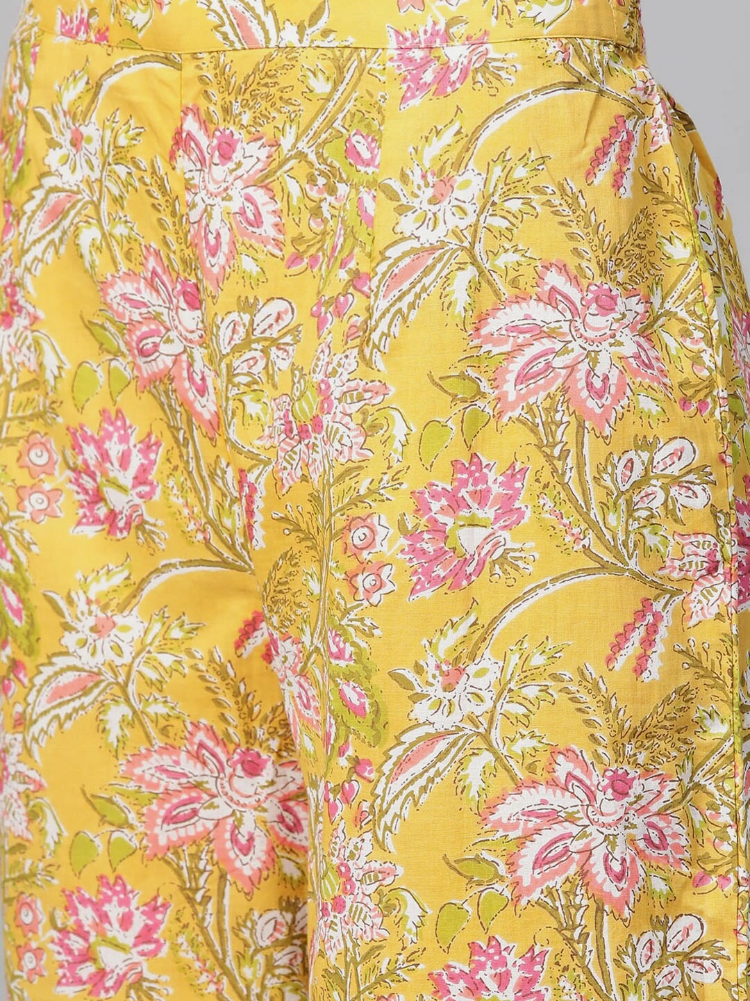 Bhama Couture Women Mustard Yellow &amp; Coral Pink Floral Print Kurta with Palazzos-L-5