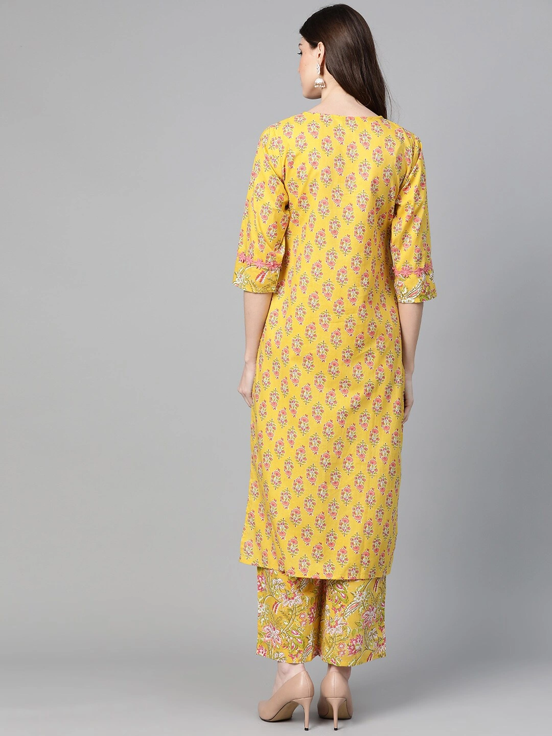 Bhama Couture Women Mustard Yellow &amp; Coral Pink Floral Print Kurta with Palazzos-M-3