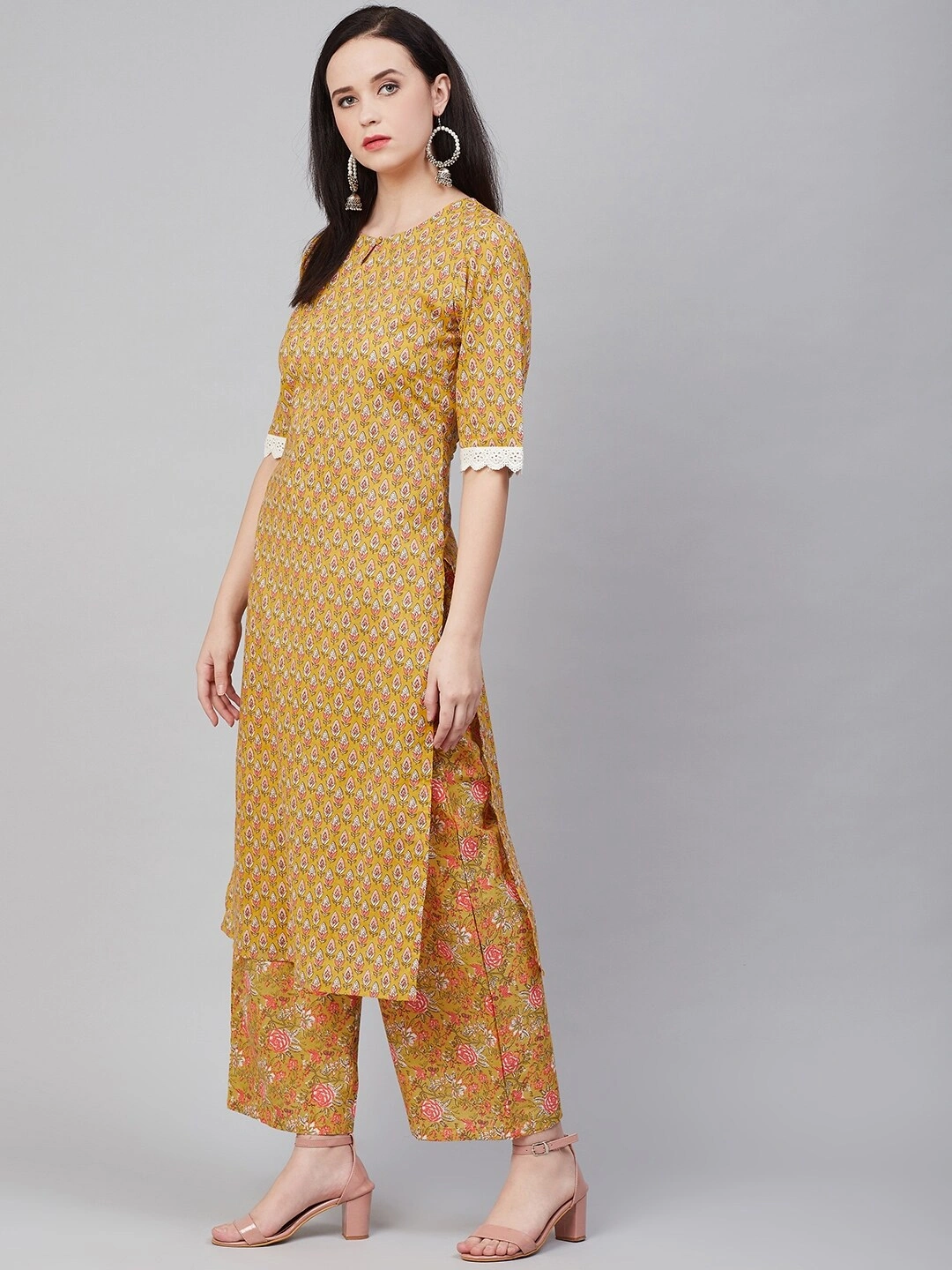 Bhama Couture Women Mustard Yellow &amp; Pink Printed Kurta with Palazzos-L-1